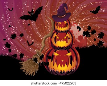 Halloween pumpkins with broom against red moon on night sky.