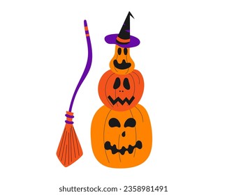 Halloween pumpkins with broom and witch hat. Orange pumpkin jack lantern characters. Spooky and angry carved faces for autumn holiday .