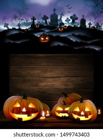 Halloween pumpkins with burning candles opposit background of night cemetery. High detailed illustration