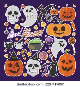 Halloween pumpkins and candies vector illustrations set. Collection of Halloween stickers for decoration, cartoon drawings of cats or pets isolated on purple background. Halloween, horror concept