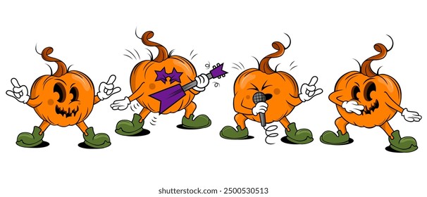 Personaje de dibujos animados de calabazas de Halloween para la fiesta de noche de Halloween, calabazas de música, feliz Halloween.