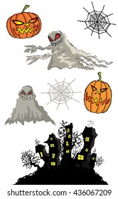 halloween pumpkins cartoon ghost and haunted castle  