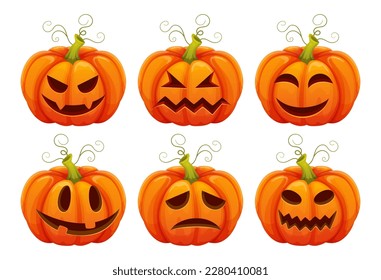 Halloween pumpkins. Cartoon hallolween carved pumpkin smiles, carving funny squash jack characters isolated on white