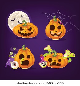 Halloween pumpkins cartoon vector illustrations set. Creepy carved squash with evil and angry smiles isolated stickers pack on purple. Realistic orange pumpkins, Helloween decor patches collection