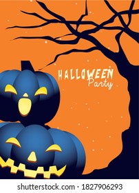 Halloween pumpkins cartoons at tree design, Holiday and scary theme Vector illustration