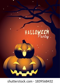 Halloween pumpkins cartoons at tree design, Holiday and scary theme Vector illustration