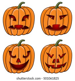 Halloween pumpkins. Carved face with emotions. Doodles. Vector illustration isolated on white background