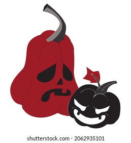 Halloween pumpkins with carved faces: eyes, nose, mouth. Vector stock illustration isolated on white background.