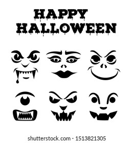 Halloween pumpkins carved faces silhouettes collection. Template with variety of eyes, mouths, noses for cut out jack o lantern. Funny monsters icons. Black and white stencil set. Vector art