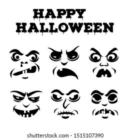 Halloween pumpkins carved faces silhouettes collection. Grumpy old men icons. Template with variety of eyes, mouths, noses for cut out jack o lantern. Black and white stencil set. Vector illustration