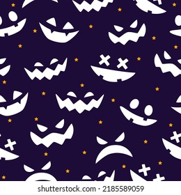 Halloween pumpkins carved faces silhouettes seamless pattern on a dark background. Scary and funny faces of Halloween pumpkin or ghost. Vector illustration