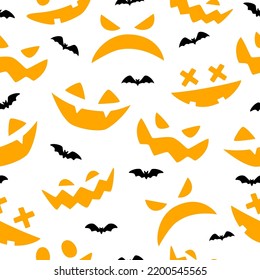 Halloween pumpkins carved faces silhouettes seamless pattern with bats on a white background. Scary and funny faces of Halloween pumpkin or ghost. Vector illustration.