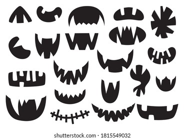 Halloween pumpkins carved mouths silhouettes collection Black and white shapes isolated on white background. 
