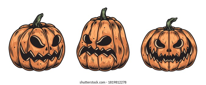 Halloween pumpkins with carved scary faces in vintage style isolated vector illustration