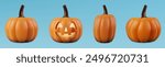 Halloween pumpkins, carved with scary happy face. Cartoon jack o lantern for a spooky horror scene. Thanksgiving autumn party orange decoration with glowing candle. Devil trick or treat pumkin scene