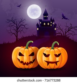 Halloween pumpkins, castle and bat. Greeting card for party and sale. Autumn holidays. Vector illustration EPS10.