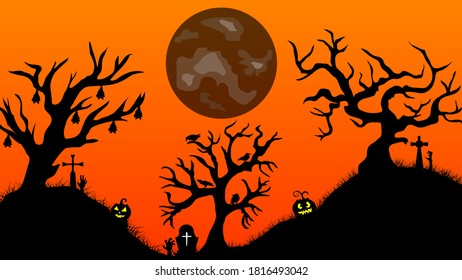 Halloween pumpkins and castle illustration. Halloween night celebration. Style composition Background Halloween . Hill with trees and mushrooms and pumpkins. Vector image