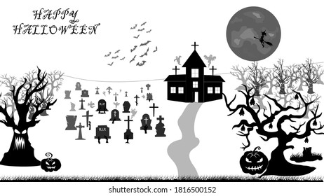 Halloween pumpkins and castle illustration. Halloween night celebration. Style composition Background Halloween . Old haunted house surrounded by silhouettes of trees with the big moon. Vector image