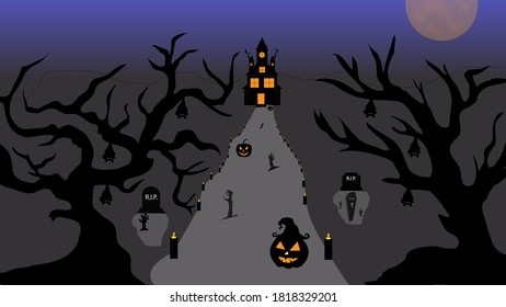 Halloween pumpkins and castle illustration. Halloween night celebration. Style composition Background Halloween . Old haunted house surrounded by silhouettes of trees with the big moon. Vector image