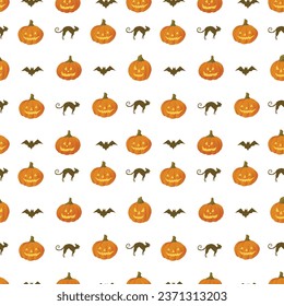 Halloween pumpkins, cat and bat seamless pattern 