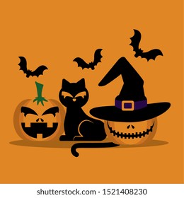 halloween pumpkins with cat and bats flying vector illustration design
