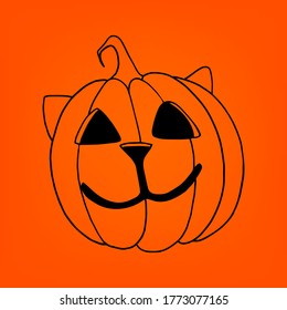 Halloween pumpkins cat. Hand drawn stock vector illustration. Retro style ink sketch.