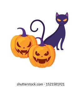halloween pumpkins with cat isolated icon vector illustration design