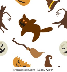 Halloween pumpkins cat and tree ghost seamless pattern. vector illustration for fashion textile print and wrapping with festive design.