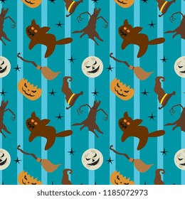 Halloween pumpkins cat and tree ghost cute seamless pattern. vector illustration for fashion textile print and wrapping with festive design.