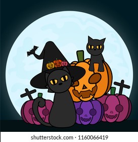 Halloween pumpkins and cat,object  with Vectors cartoon illustration, Trick or Treat Concept. Vectors for Halloween day with copy space for text.