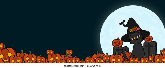 Halloween pumpkins and cat,object  with Vectors cartoon illustration, Trick or Treat Concept. Vectors for Halloween day with copy space for text. size for website cover.