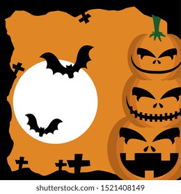 halloween pumpkins in cemetery with bats flying vector illustration design