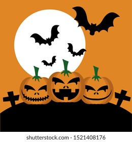 halloween pumpkins in cemetery with bats flying vector illustration design