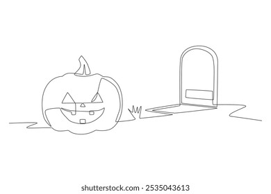 Abóboras de Halloween no cemitério. Desenho de uma linha do conceito funerário