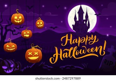 Halloween pumpkins and cemetery landscape. Vector background with moon illuminate an eerie castle, casting flickering shadows on weathered tombstones. reveals a haunting mystery and frightful delight