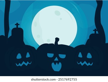 Halloween pumpkins in cemetery. Vector illustration in flat style.