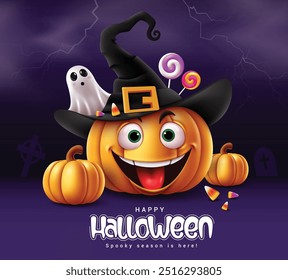 Halloween pumpkins character vector design. Halloween greeting text with cute pumpkins wearing witch black hat, ghost, lollipop, candies and squash elements in dark night creepy grave yard background.