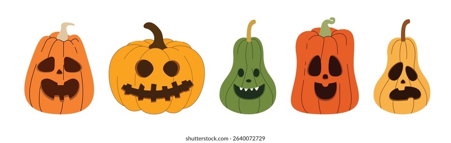 Halloween pumpkins characters clipart set. Pumpkin Jack O faces character clip art collection in cute, scary, spooky, happy and creepy facial expression for holiday trick or treat cartoon vector 