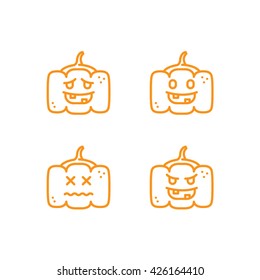 Halloween Pumpkins Characters Outline Icons Set