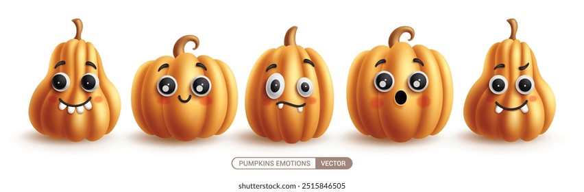 Halloween Kürbisse Zeichen setzen Vektordesign. Kürbisse süßen Charakter mit glücklich, traurig, frech und lächelnd Gesichtsausdruck in orange Sammlung. Vektorgrafik Kürbisse Emotionen gesetzt. 
