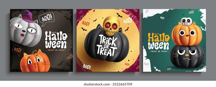 Halloween pumpkins characters vector poster set design. Trick or treat halloween greeting text with cat pumpkins characters for party card collection. Vector illustration spooky template design. 
