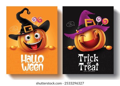 Halloween abóboras personagens vetor cartaz conjunto design. Feliz texto de saudação de halloween com abóboras bonitas usando elementos de chapéu de bruxa para truque ou tratar coleção de cartas. Feriado de ilustração vetorial 