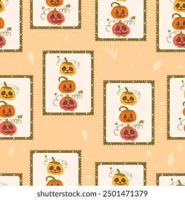 Calabazas de Halloween comprobó el patrón sin fisuras. Fondo de repetición de la caja de Bento. Sellos retro Jack o lantern con un interminable diseño de superficie. Vector dibujado a mano ilustración plana.