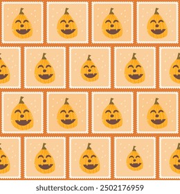 Calabazas de Halloween comprobó el patrón sin fisuras. Fondo de repetición de calabaza curvada de caja de Bento. Sellos retro Jack o lantern con un interminable diseño de superficie. Vector dibujado a mano ilustración plana.