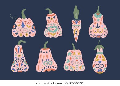 Halloween pumpkins Clipart with mexican sugar skull style illustrations. Dia de los Muertos card, decoration, stickers, card.