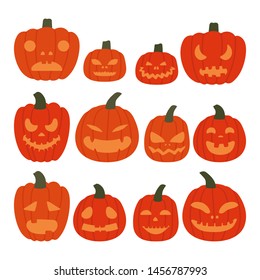 Halloween pumpkins collection isolated on white background. Vector illustration in the style of flat.