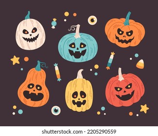 Halloween pumpkins collection, Jack o'lantern. Happy Halloween, trick or treat. Halloween elements. Hand drawn vector illustration