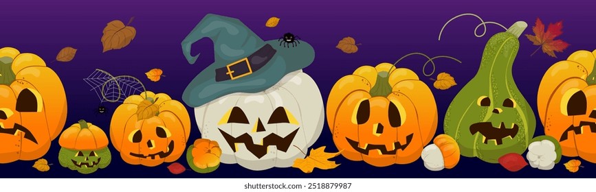 Colección de calabazas de Halloween con caras de miedo. Conjunto de diferentes tipos de calabazas talladas. Ilustración vectorial colorida raya de halloween