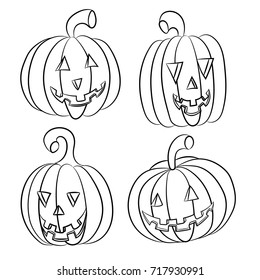 Halloween pumpkins collection, various types. Back vector contour illustrations isolated on white background