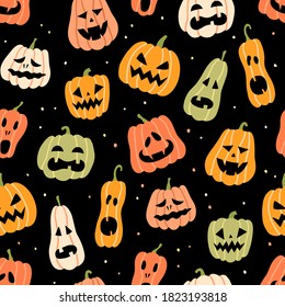 Halloween pumpkins. Color dynamic seamless pattern. Hand drawn vector illustration on black background